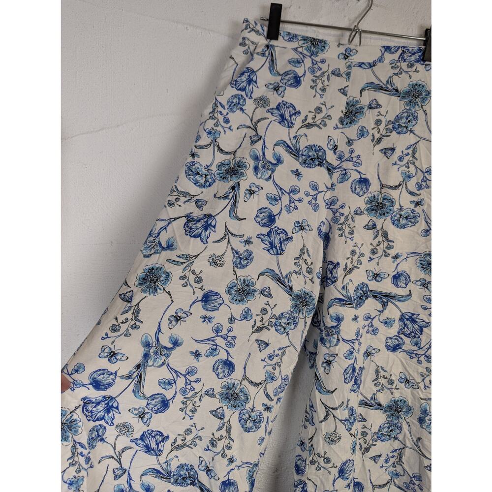 Wide Leg Palazzo Pants Blue Floral Boho Coastal Cotton Flax Cropped Womens Large - Picture 3 of 8